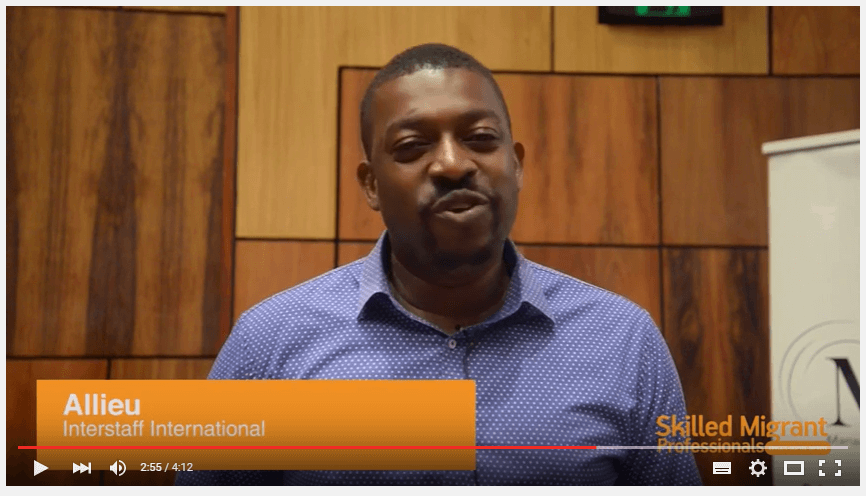 Screenshot of YouTube video of Interstaff's Allieu speaking at the Skilled Migrations Professional event