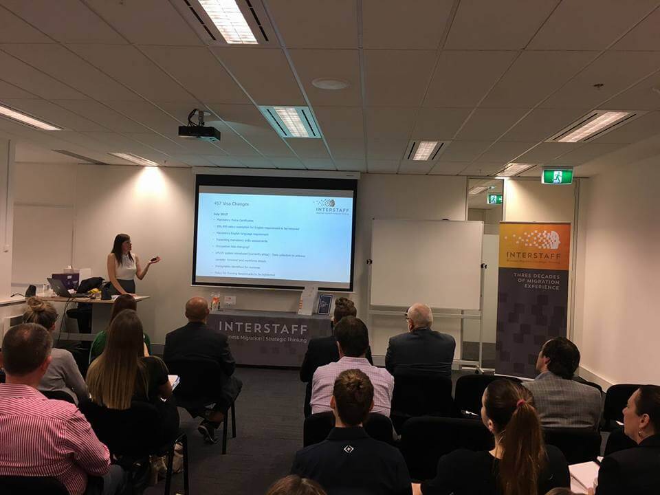 Interstaff's Sheila Woods presenting a presentation on business migration